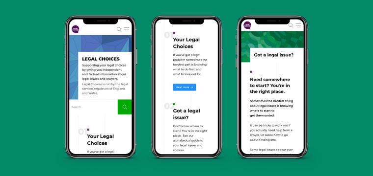 Legal Choices website shown on three mobile phone screens