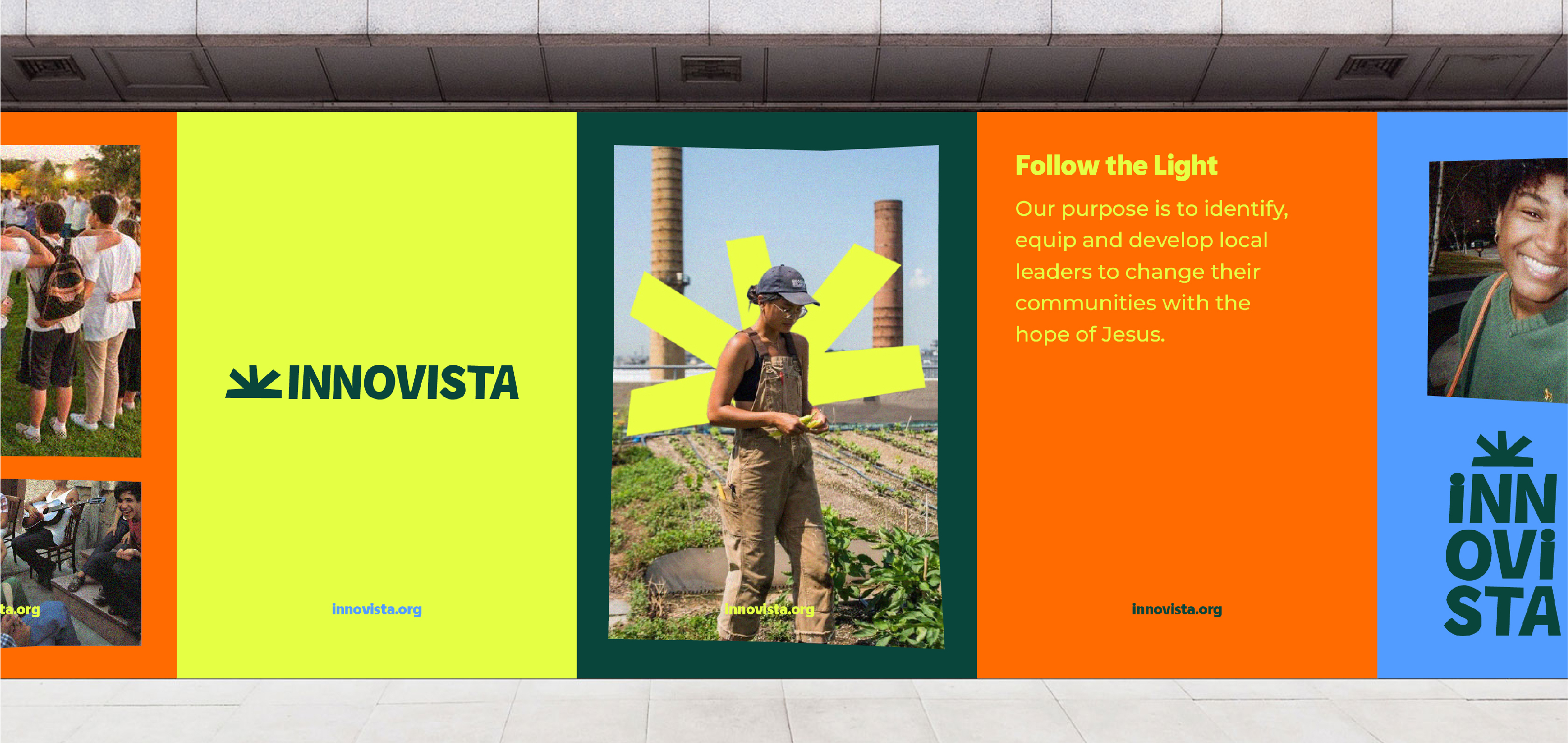 A continuous row of large Innovista posters showing the colourful branding with authentic photos of their charity leaders, highlighted by a sunrise icon. One shows the statement: Follow the light. Our purpose is to identify, equip and develop local leaders to change their communities with the hope of Jesus.