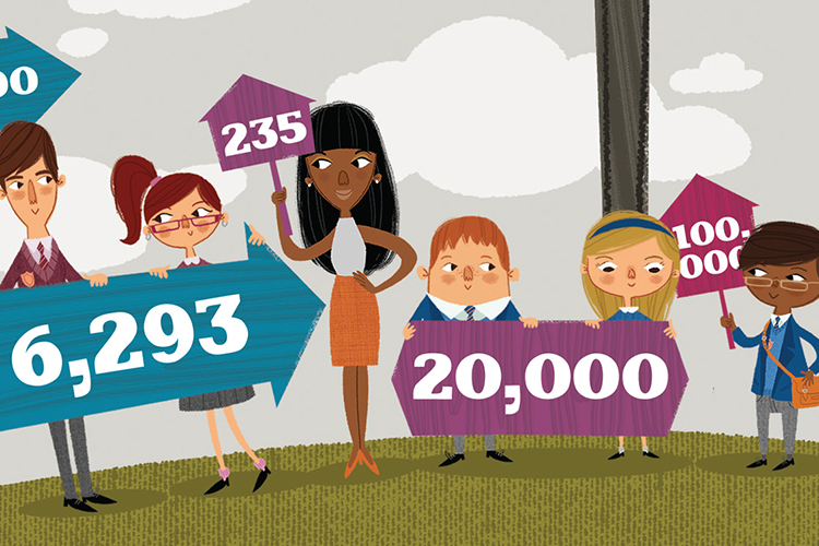 Illustration work for financial education charity Pfeg showing pupils and teachers with various various number signs