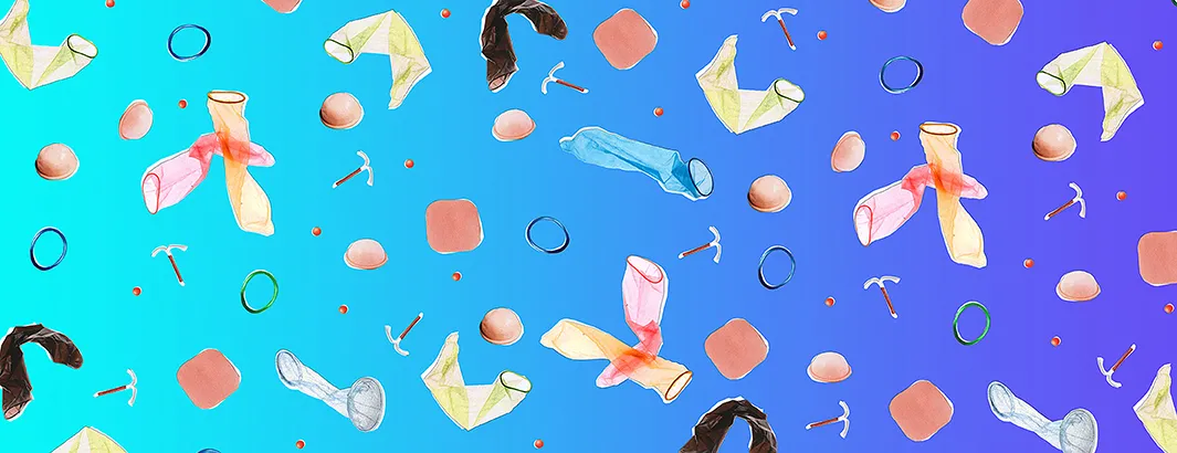 Sexwise contraception collage pattern showing condoms, IUDs, diaphragms, etc