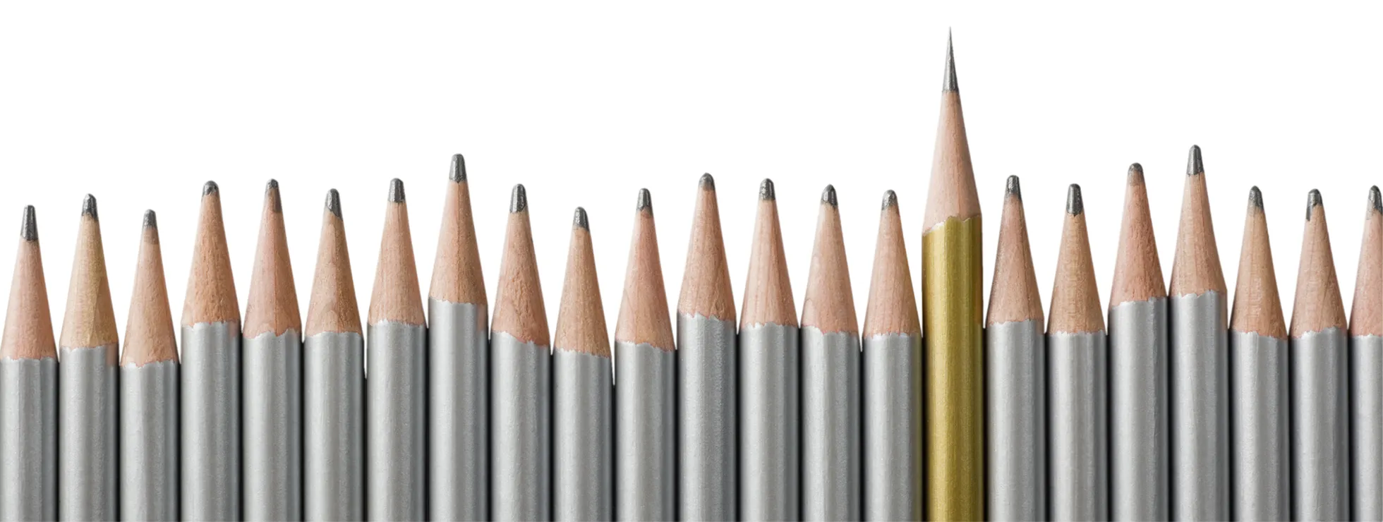 A row of identical blunt silver pencils, with one sharp gold coloured pencil standing tall in the row - distinctive, standing out from the crowd